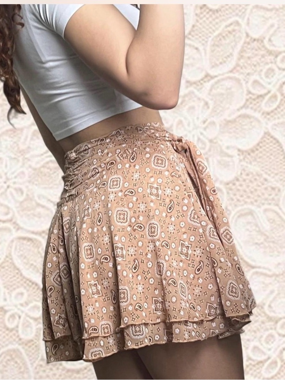 aerie Beige Paisley Tie-Detail Circle Skirt